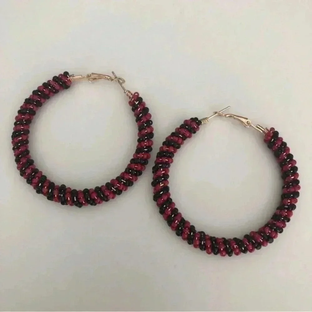 Red & Black Huge Seed Bead Stainless Steel Hoop Earrings NWT
